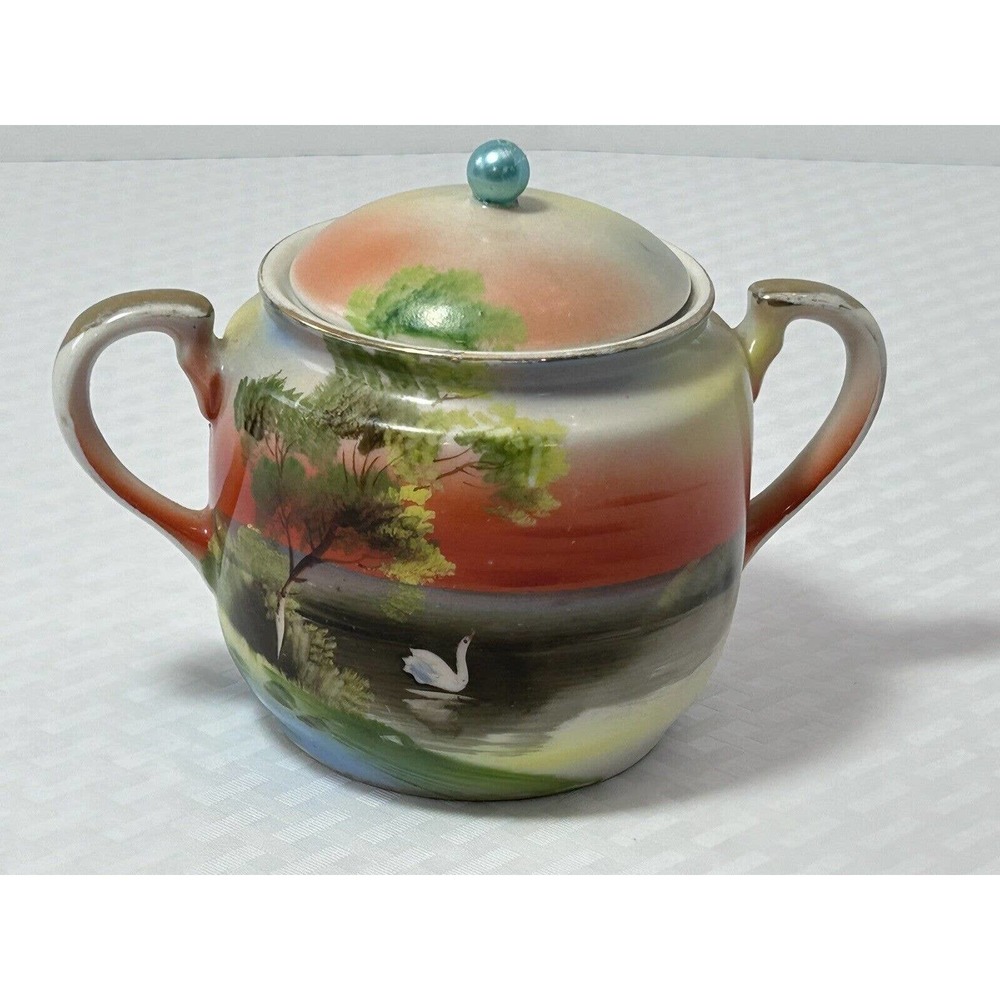 Noritake Hand Painted‎ Vintage Sugar Bowl W/Lid Lake Scene Sunset W/ Swan